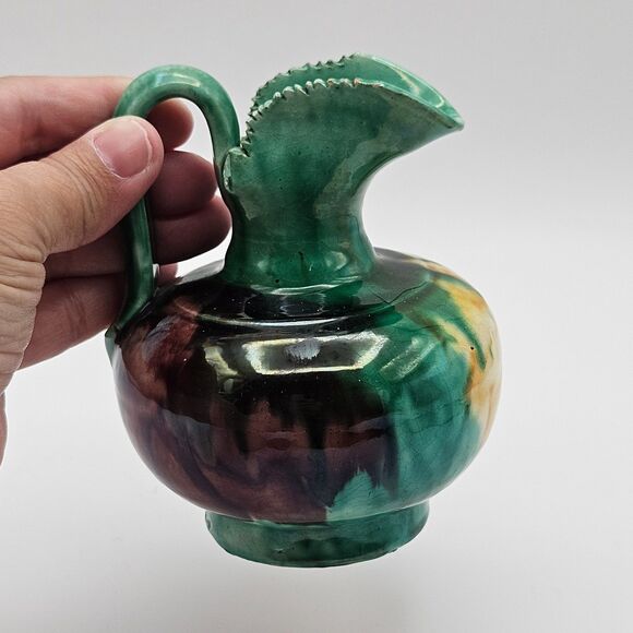 Oaxaca Mexico Dripware Ceramic Art Pottery Pitcher Flowers Green Vintage - Picture 5 of 12